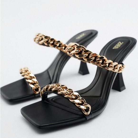 Zara black leather mules with chain detail Size 7 and 9 - Picture 1 of 13